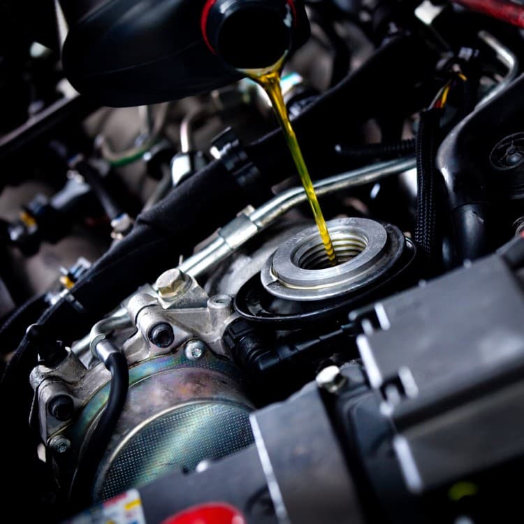 Oil being added to an engine during an oil change